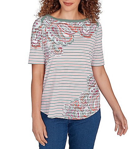 Ruby Rd. Petite Size Paisley Stripe Envelope Neck Short Sleeve Top