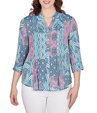 Ruby Rd. Petite Size Patchwork Print Band Collar Split V-Neckline Roll-Tab Sleeve Pleat Detail Button-Down Blouse