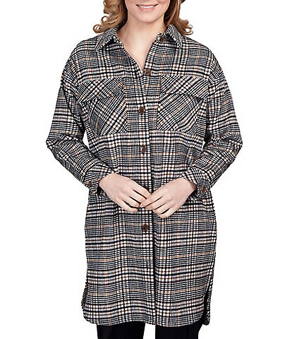 Ruby Rd. Petite Size Plaid Print Long Sleeve Button-Front Long Shacket