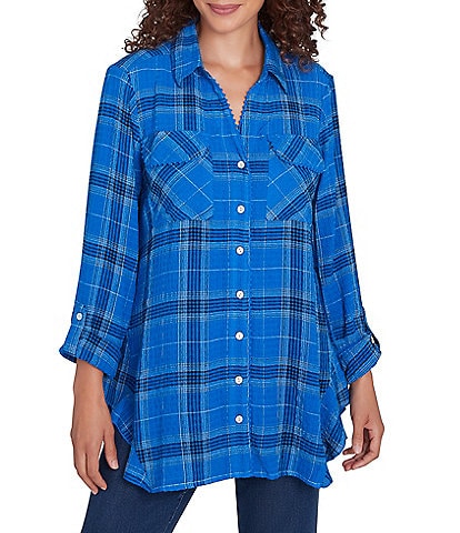 Ruby Rd. Petite Size Plaid Print Woven Point Collar Long Roll-Tab Sleeve Button-Front Shirt