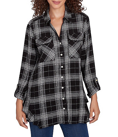 Ruby Rd. Petite Size Plaid Print Woven Point Collar Long Roll-Tab Sleeve Button-Front Shirt