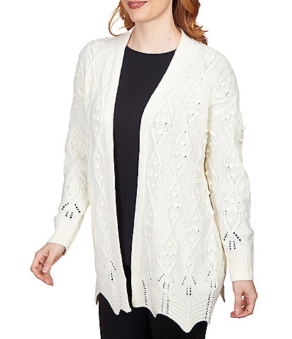 Ruby Rd. Petite Size Pointelle Cable Scalloped Hem Open Front Cardigan