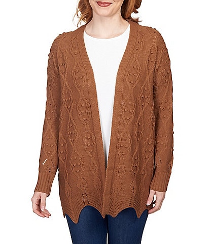 Ruby Rd. Petite Size Pointelle Cable Scalloped Hem Open Front Cardigan
