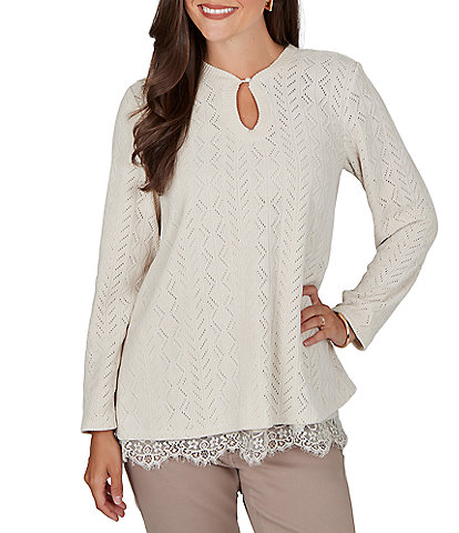 Ruby Rd. Petite Size Pointelle Chenille Knit Round Neck Long Sleeve Top