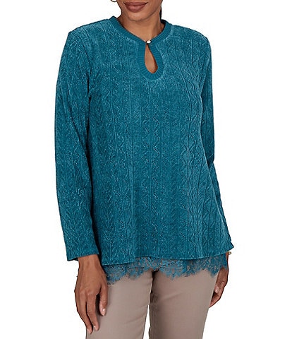 Ruby Rd. Petite Size Pointelle Chenille Knit Round Neck Long Sleeve Top