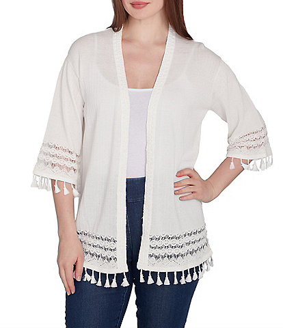 Ruby Rd. Petite Size Pom Pom Lace Placket 3/4 Sleeve Lace Tassel Trim Open-Front Cardigan