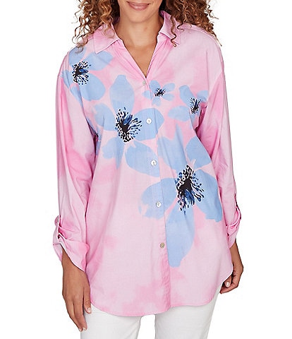 Ruby Rd. Petite Size Poplin Woven Watercolor Floral Point Collar 3/4 Roll-Tab Sleeve Button Front Shirt