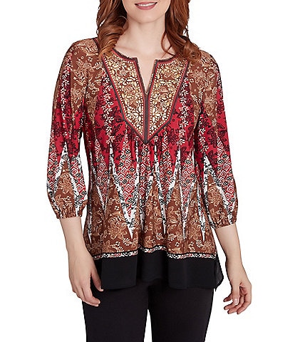 Ruby Rd. Petite Size Printed Embellished Crepe Knit Split V-Neck 3/4 Sleeve Top