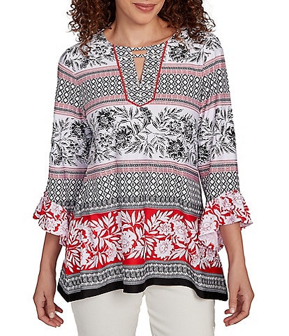 Ruby Rd. Petite Size Printed Embellished Keyhole Neck 3/4 Ruffle Sleeve Sharkbite Hem Top