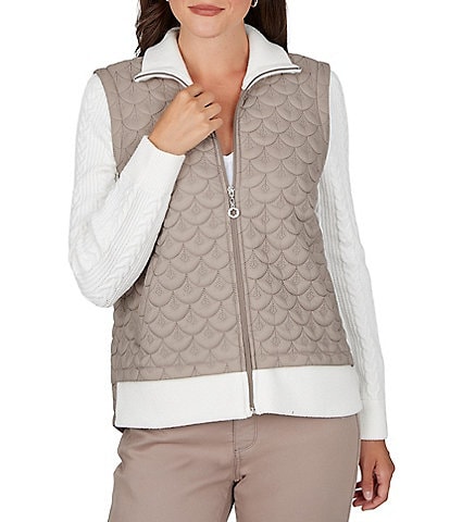 Ruby Rd. Petite Size Quilted Cable Knit Spread Collar Long Sleeve Zip Front Jacket