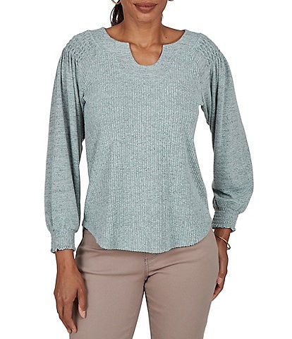 Ruby Rd. Petite Size Ribbed Knit Horseshoe Neck 3/4 Sleeve Combo Top