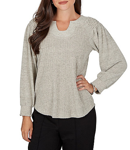 Ruby Rd. Petite Size Ribbed Knit Horseshoe Neck 3/4 Sleeve Combo Top