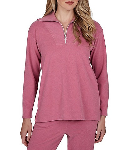 Ruby Rd. Petite Size Ribbed Knit Quarter Zip Mock Neck Long Sleeve Top