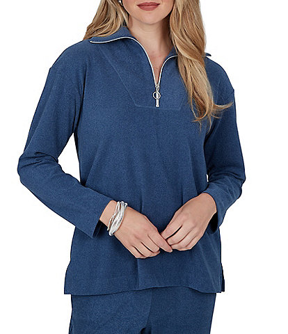 Ruby Rd. Petite Size Ribbed Knit Quarter Zip Mock Neck Long Sleeve Top