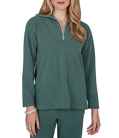 Ruby Rd. Petite Size Ribbed Knit Quarter Zip Mock Neck Long Sleeve Top