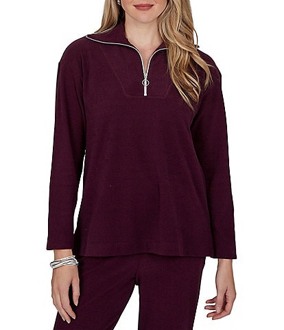 Ruby Rd. Petite Size Ribbed Knit Quarter Zip Mock Neck Long Sleeve Top