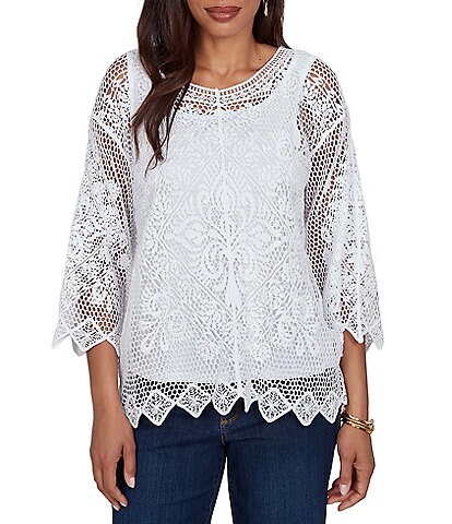 Ruby Rd. Petite Size Scoop Neck 3/4 Sleeve Medallion Crochet Lace Top