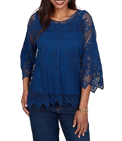 Ruby Rd. Petite Size Scoop Neck 3/4 Sleeve Medallion Crochet Lace Top