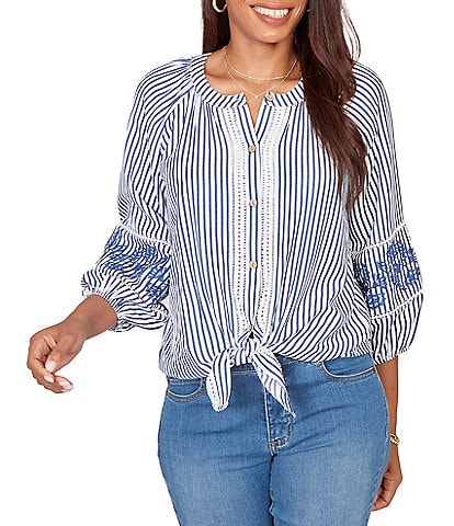 Ruby Rd. Petite Size Seersucker Woven Stripe Band Collar 3/4 Embroidered Sleeve Tie-Front Blouse