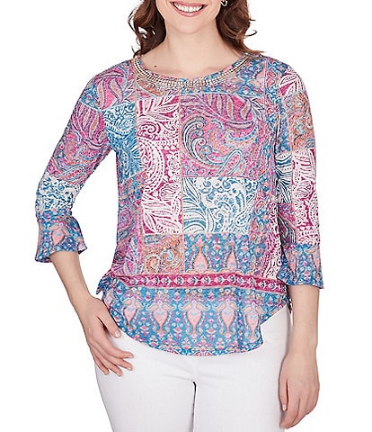 Ruby Rd. Petite Size Shangri-La Print Knit Embellished Crew Neck 3/4 Bell Sleeve Top