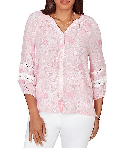 Ruby Rd. Petite Size Silky Gauze Floral Split V-Neck 3/4 Sleeve Button-Front Blouse