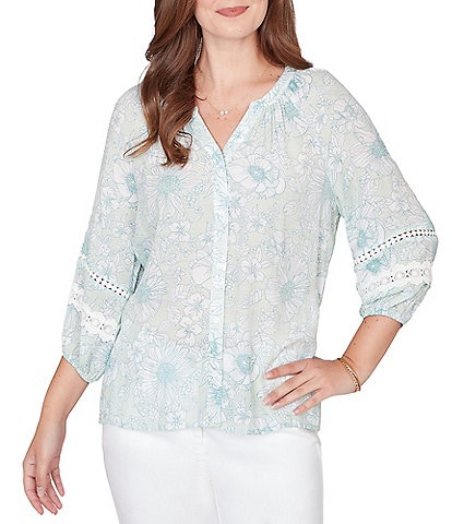 Ruby Rd. Petite Size Silky Gauze Floral Split V-Neck 3/4 Sleeve Button-Front Blouse