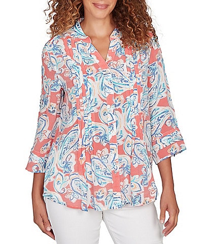 Ruby Rd. Petite Size Silky Gauze Paisley Split V-Neck 3/4 Sleeve Button Front Top