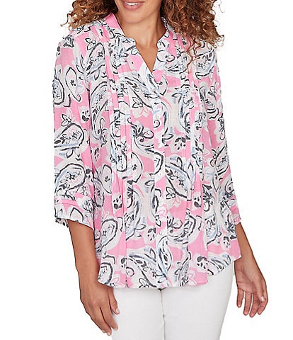 Ruby Rd. Petite Size Silky Gauze Paisley Split V-Neck 3/4 Sleeve Button Front Top