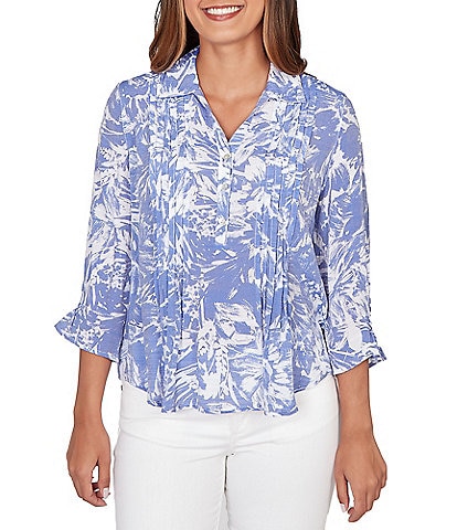 Ruby Rd. Petite Size Silky Slub Woven Brushstroke Floral Collared V-Neck 3/4 Sleeve Top