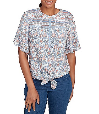 Ruby Rd. Petite Size Silky Voile Printed Round Neck Short Flutter Sleeve Tie-Front Top