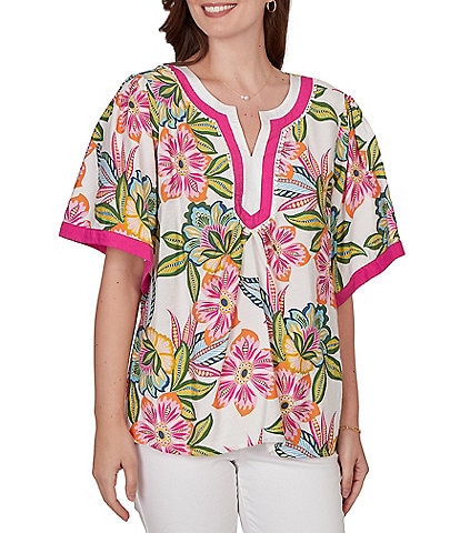 Ruby Rd. Petite Size Silky Voile Tropical Floral Split V-Neck Elbow Sleeve Blouse