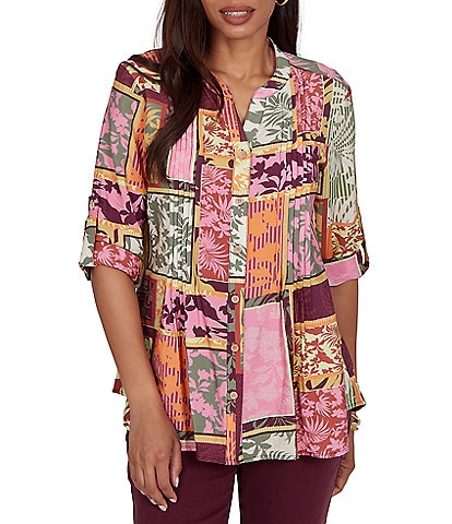 Ruby Rd. Petite Size Silky Voile Woven Patchwork Tropical Print Split V-Neck 3/4 Roll-Tab Sleeve Button Front Shirt