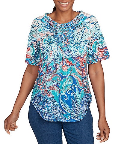 Ruby Rd. Petite Size Slub Jersey Knit Paisley Border Print Scoop Neck Short Sleeve Tee
