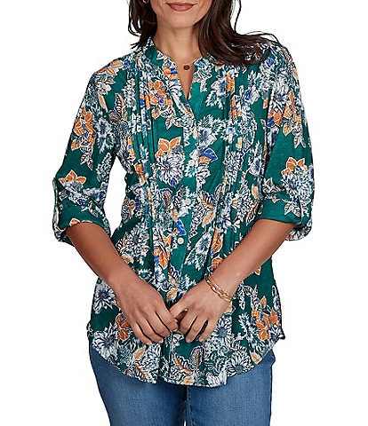 Ruby Rd. Petite Size Slub Knit Kensington-Inspired Floral Split V-Neck 3/4 Roll-Tab Sleeve Button-Front Shirt