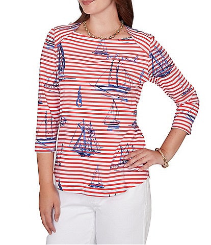 Ruby Rd. Petite Size Soft Cotton Jersey Allover Sailboat Stripe Print Square Neck 3/4 Sleeve Top