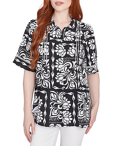 Ruby Rd. Petite Size Soft Crepe Patchwork Point Collar Short Sleeve Button Front Shirt