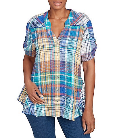 Ruby Rd. Petite Size Soft Crinkle Plaid Y-Neck Short Button-Tab Sleeve Button-Front Shirt