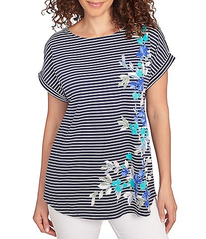 Ruby Rd. Petite Size Soft Jersey Knit Floral Stripe Boat Neck Short Cuff Sleeve Top