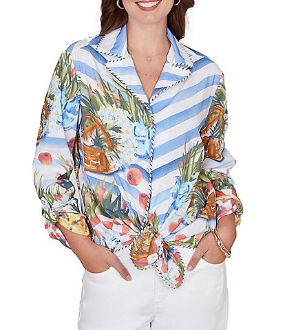 Ruby Rd. Petite Size Soft Poplin Woven Conversational Print Collared 3/4 Sleeve Picnic Top