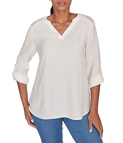 Ruby Rd. Petite Size Solid Gauze Band Notch Neckline Roll-Tab Sleeve Top