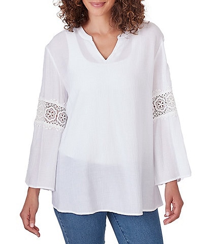Ruby Rd. Petite Size Solid Split V-Neck 3/4 Lace Inset Bell Sleeve Top