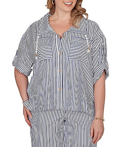 Ruby Rd. Petite Size Spliced Stripe Spread Collar 3/4 Roll-Tab Sleeve Button-Front Jacket