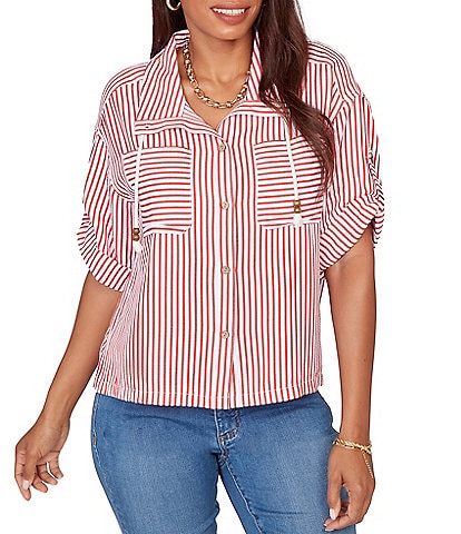 Ruby Rd. Petite Size Spliced Stripe Spread Collar 3/4 Roll-Tab Sleeve Button-Front Jacket