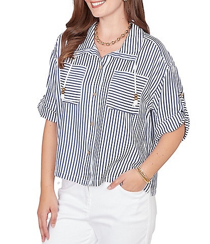 Ruby Rd. Petite Size Spliced Stripe Spread Collar 3/4 Roll-Tab Sleeve Button-Front Jacket