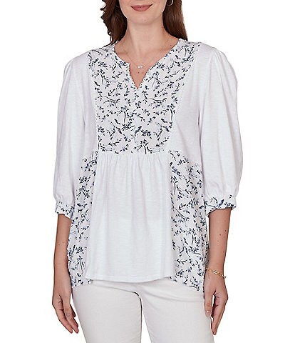 Ruby Rd. Petite Size Split V-Neck 3/4 Sleeve Sharkbite Hem Flowy Top