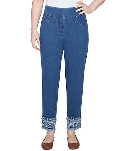 Ruby Rd. Petite Size Straight Leg Embroidered Hem Pull-On Jeans