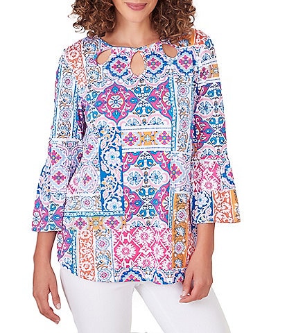 Ruby Rd. Petite Size Stretch Crepe Knit Printed Cut-Out Crew Neck 3/4 Bell Sleeve Eclectic Top