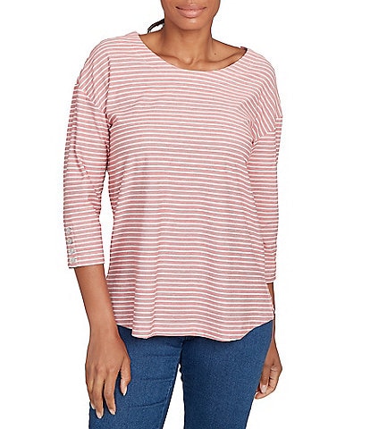 Ruby Rd. Petite Size Stripe Crew Neck 3/4 Sleeve Top