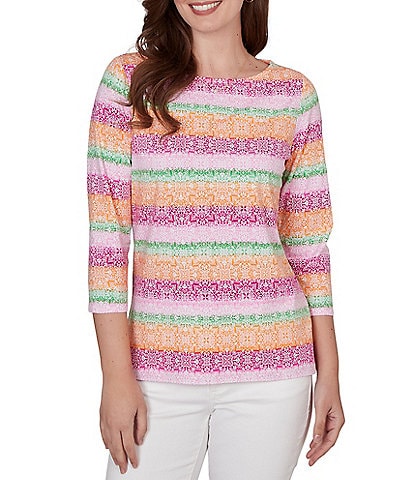 Ruby Rd. Petite Size Stripe Medallion Boat Neck 3/4 Sleeve Top