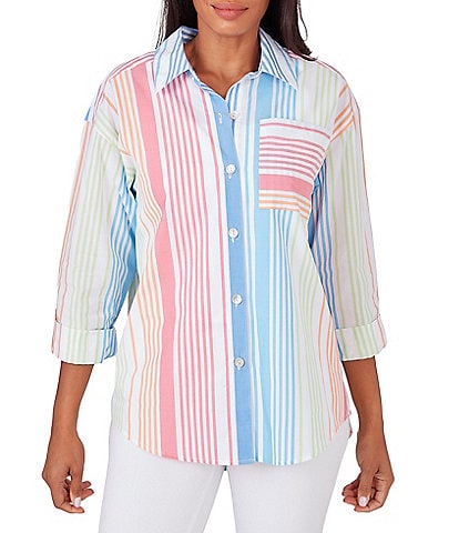 Ruby Rd. Petite Size Stripe Print Roll-Tab Sleeve Boyfriend Shirt